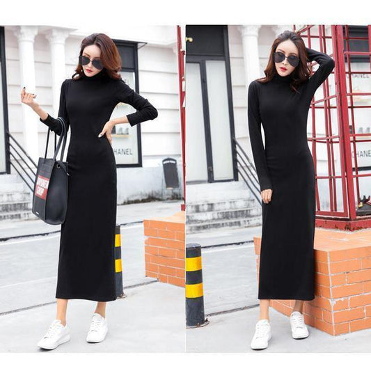 Plus Velvet Thick Warm Dress Winter Long-sleeved Half-high Collar Ladies Long Skirt Slim Over-the-knee Bottoming Bag Hip Skirt