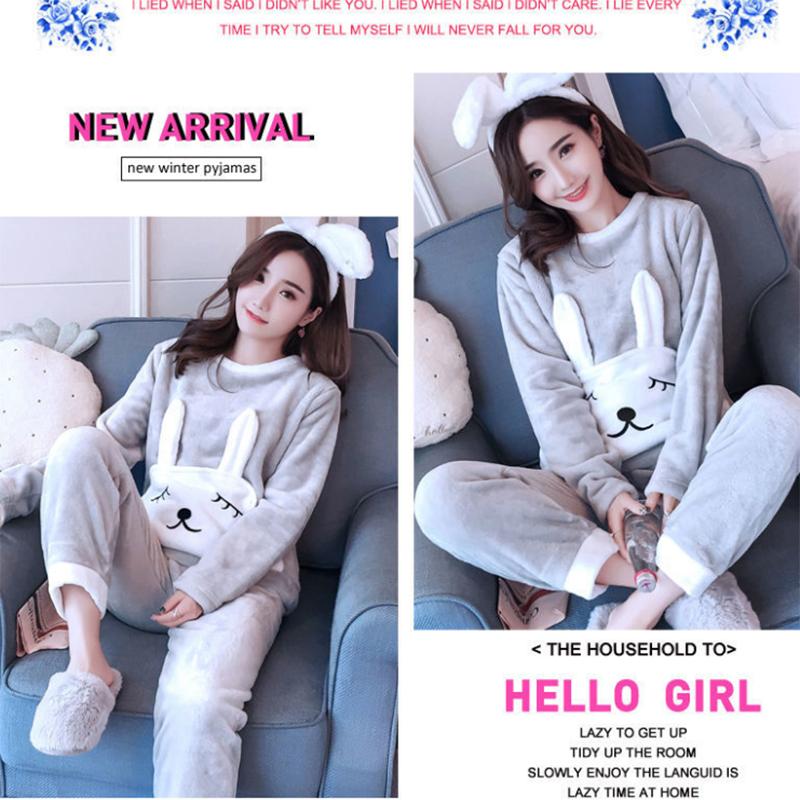 Autumn and Winter Flannel Plus Size Women's Pajamas Long-sleeved Trousers Thickened Plus Velvet Home Service