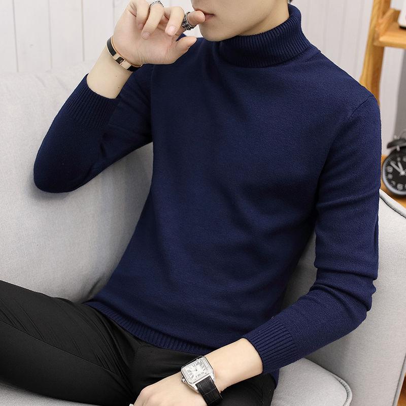 Men's Turtleneck Sweater Solid Knitted Mens Sweaters Casual Slim Pullover Male Double Collar Top