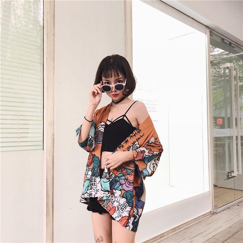 Comic Print  Cardigans Japanese Kimono Cardigan Woman Thin College Streetwear Sunscreen Clothes Kimono Coat