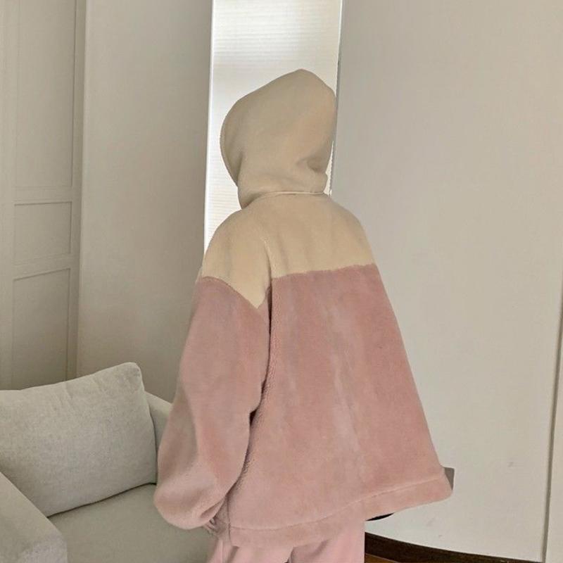 Japanese Cute Faux Lamb Wool Cardigan Sweater Women Loose Plus Velvet Thick BF Jacket Ladies Hooded Warm Top Coat