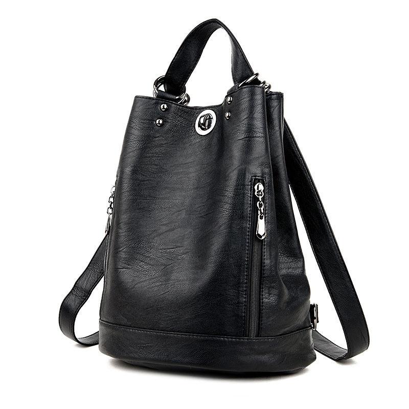 Durable Fashion Women Pu Leather Black Bagpack Female Rucksack Shoulder Bag