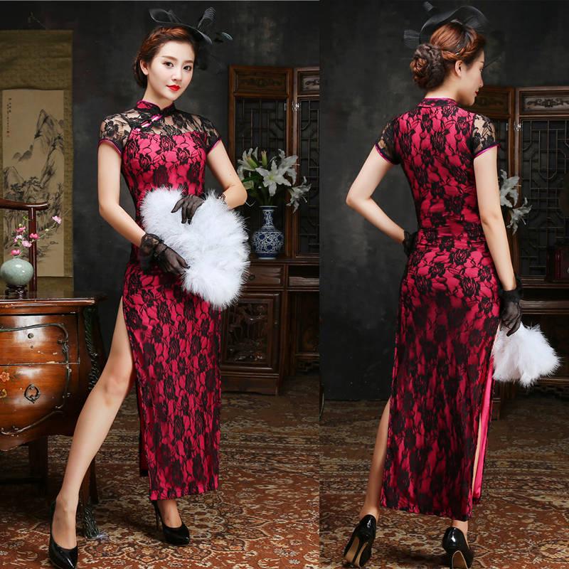 Plus Size Women Lace Classic Long Cheongsam Rayon Floral Elegant Evening Party Dress Traditional