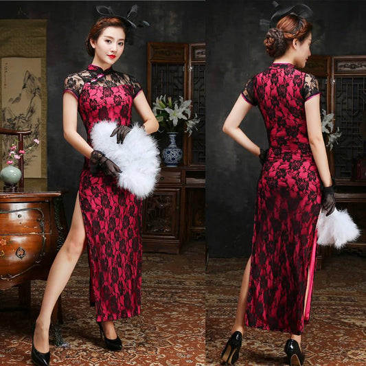 Plus Size Women Lace Classic Long Cheongsam Rayon Floral Elegant Evening Party Dress Traditional