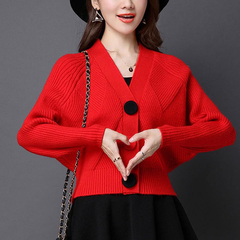 Spring and Autumn Short Knit Cardigan Long Sleeve V-neck Bat Shirt Long Sleeve Button Sweater Jacket