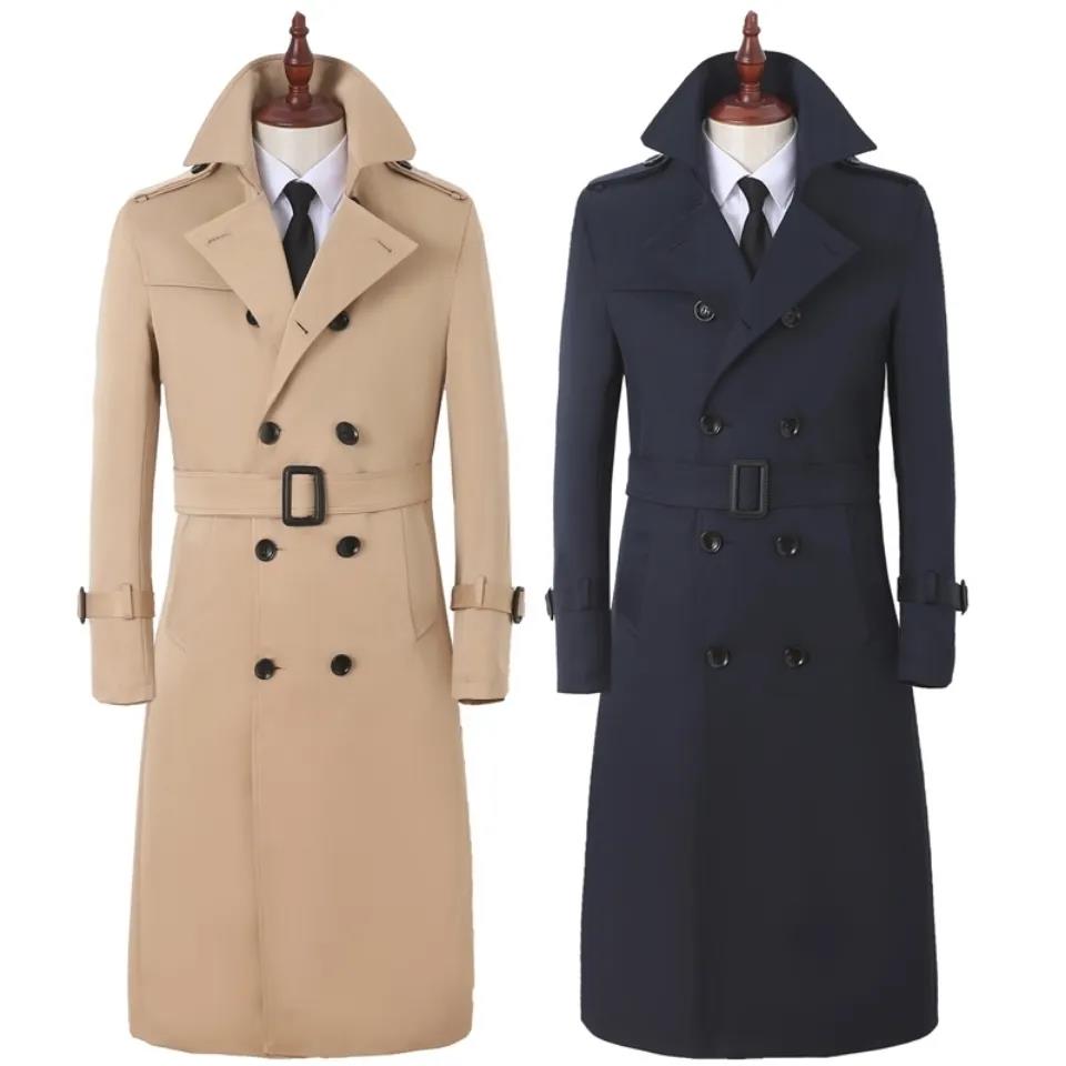 Long Over The Knee Cashmere Windbreaker V-neck Solid Color Robe Casual Slim Coat Gentleman Button Jacket Spring