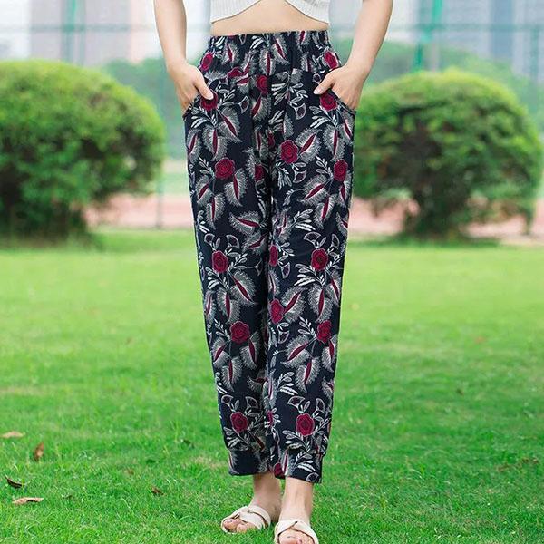 Women's Spring and Summer Plus Size Printing Long Pants Female Elastic Waist Loose Casual Thin Trousers