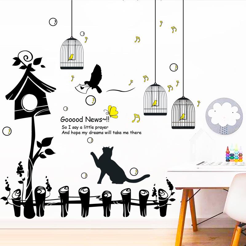 Happy bird cage background wall stickers environmental murals funny cat birds wallpaper