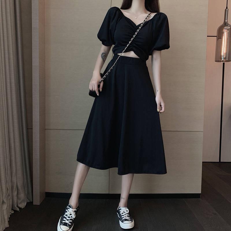 V Collar Fashion Pure Color Short Sleeve Women Elegance Dress Frenulum Bowknot Bare Midriff Dress