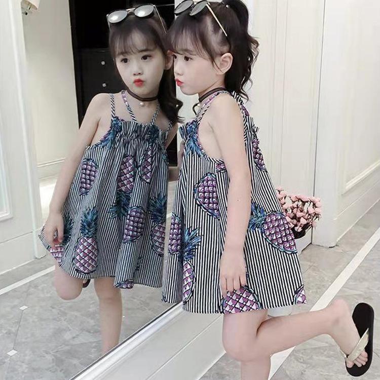 Children's Dress Girl's Suspender Dress Korean Version of Printed Fruit Striped Dress Backless Beach Princess Dress