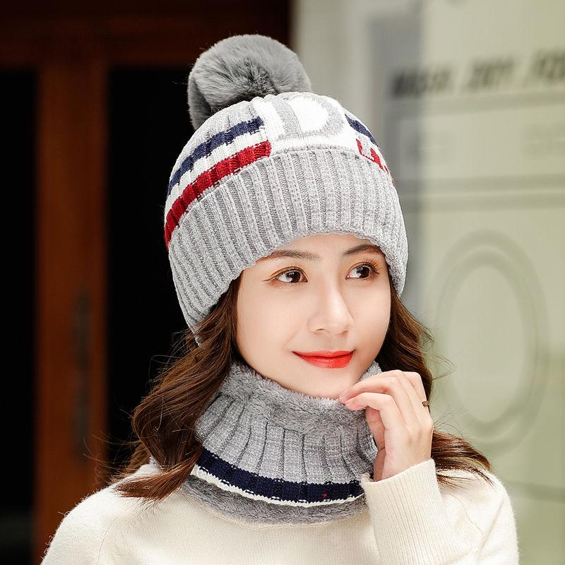 Winter Hat Fur PomPoms Ball Knitted Hats Scarf Set Women Beanie Hat Thick Skullies Female Cap