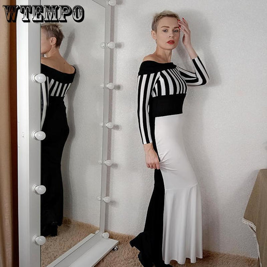 Slash Neck Dress Striped Women Long Sleeve Slim Evening Gowns Lady Cocktail Party Vestidos