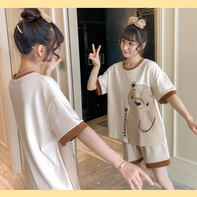 Women's Summer Pajamas Set Short-sleeved Loose Large Size Cartoon Cute Pyjamas Two-pieces Homewear Round Neck Printing Sleeping Suit