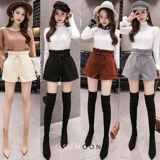 Fashionable Women Loose Short Pants Wide Leg Woolen Fashion Material Breathable Casual Wide Leg