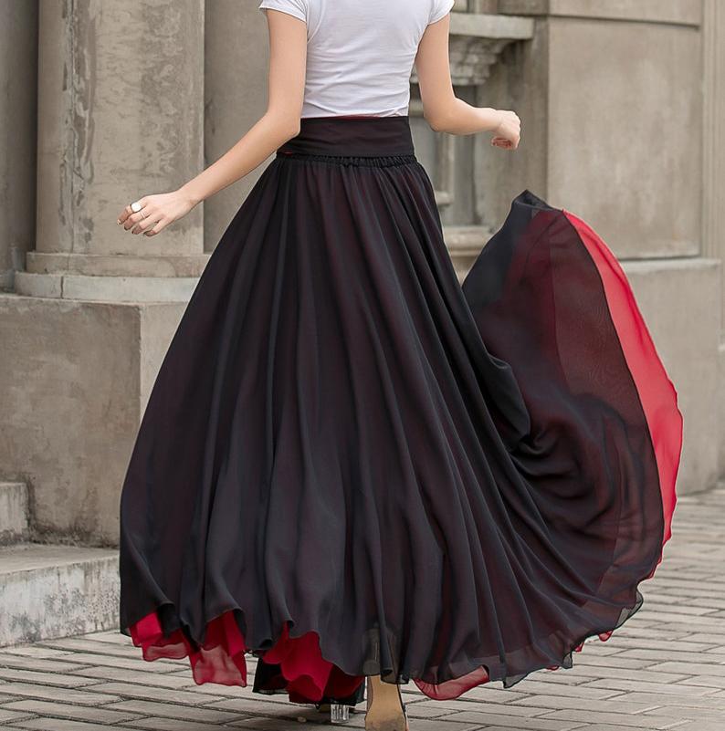 Black Long Chiffon Maxi Skirt Women, Swing Full Circle Skirt, Boho Maxi Skirt, Elastic Waist Chiffon Skirt with Sash, Plus Size Skirt