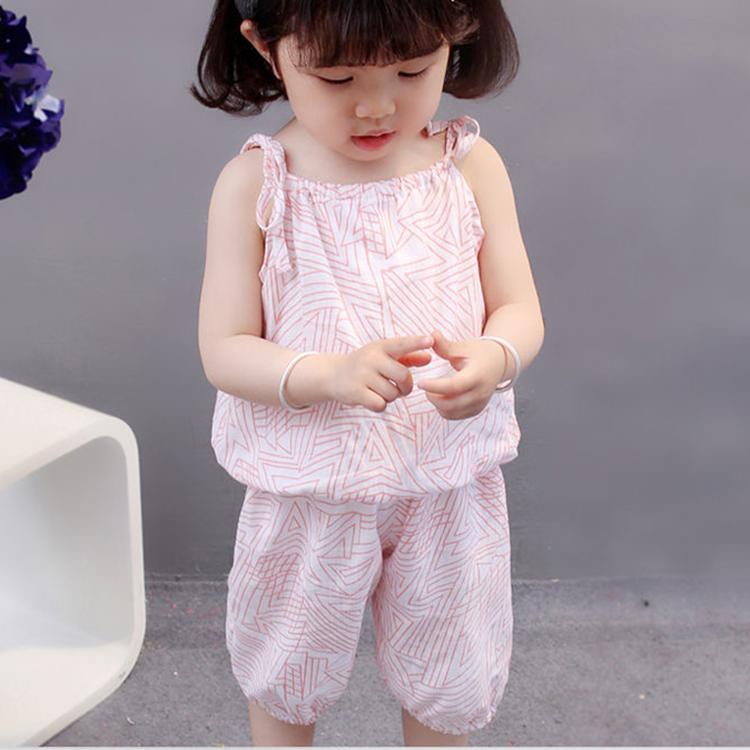 Children's Suit Summer Thin Korean Style Loose Print Geometry Girls Suspender Shorts Ventilation Two Piece Set