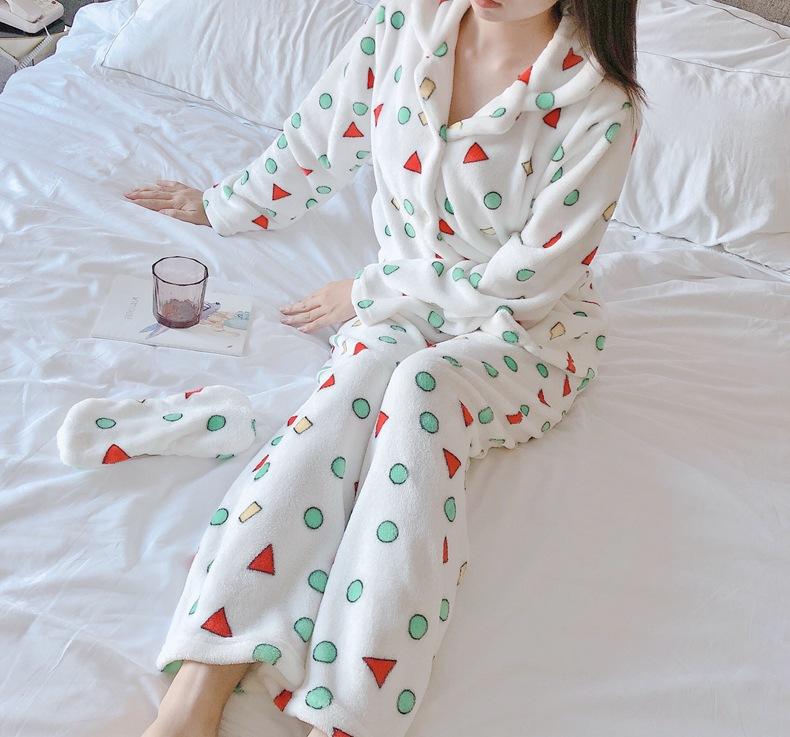 Flannel Cartoon Cute Pajamas Suit Women Winter Coral Fleece Homewear Autumn Thickening Sleepwear Set Geometry Winter Warm Nightwear Top and Pant Sets