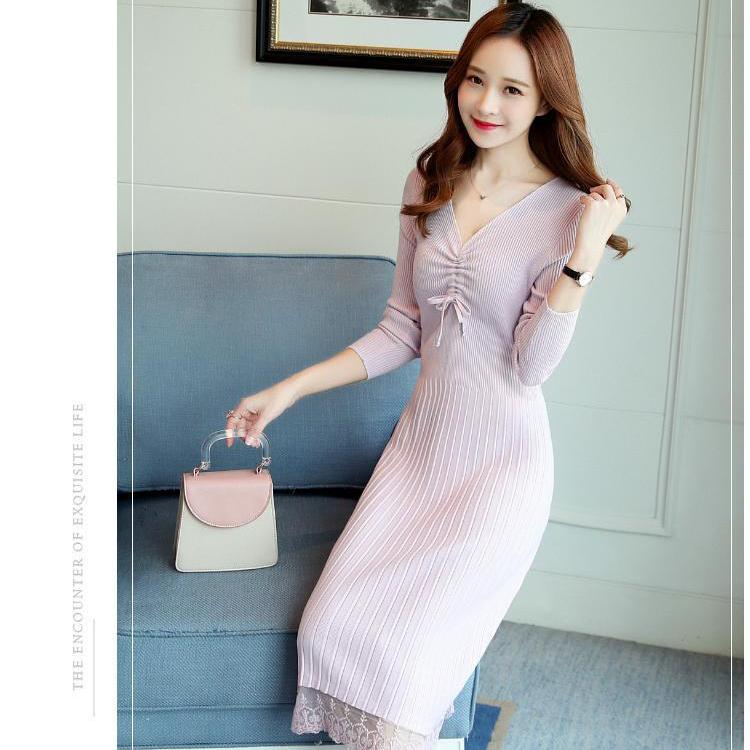 Fashion Padded V-neck Ladies Dress Mid-length Over-the-knee Bag Hip Skirt Bottoming Knit Sweater Skirt