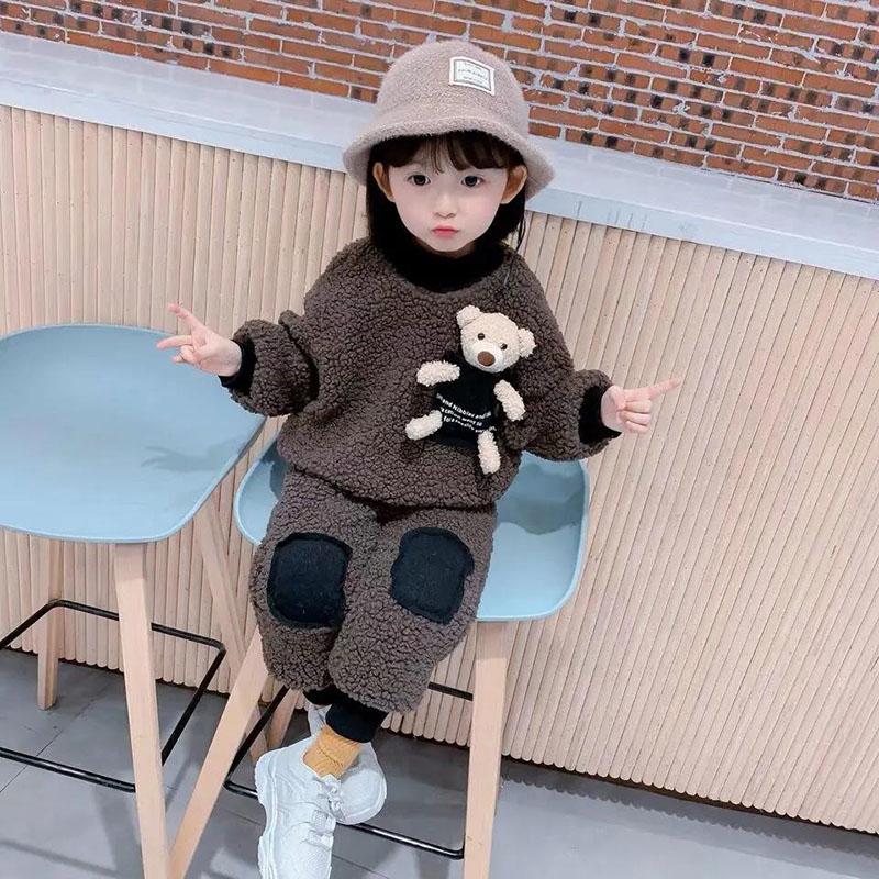 Children's Autumn and Winter Warm Suit Girl and Boy Korean Version Girl Baby Plush Two-piece Sets