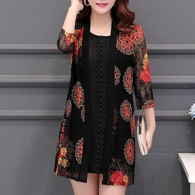 M-5XL Women's Spring and Summer Plus Size Lace Cardigan Female Printed Mid-length Shawl Slim Hollow-carved Design Thin Coat