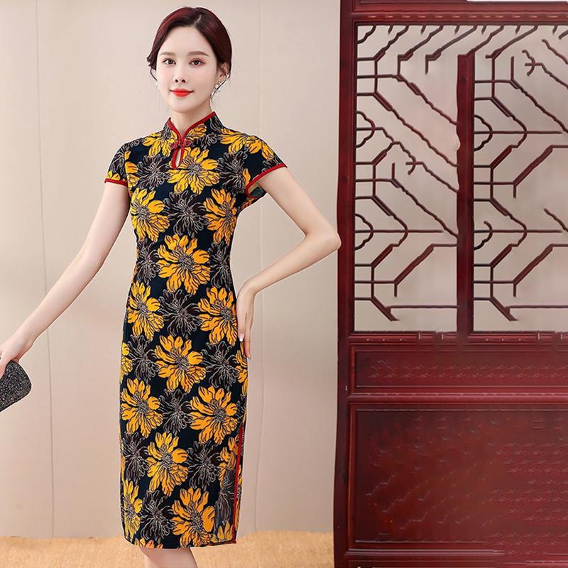 High-end Cheongsam Dress Fat Mother Covering Belly Loose Improved Version Dress Floral Ice Silk Cheongsam Women