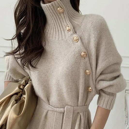 Dress Women's Turtleneck Diagonal Button Knit Dresses Long Korean Loose Sexy Plus Size Boho Sweater Dress Autumn and Winter