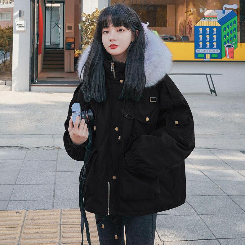 Korean Version of Loose Tooling Padded Jacket Women Short Hooded Parka Jacket Student Retro Hong Kong Style Winter Padded Jacket