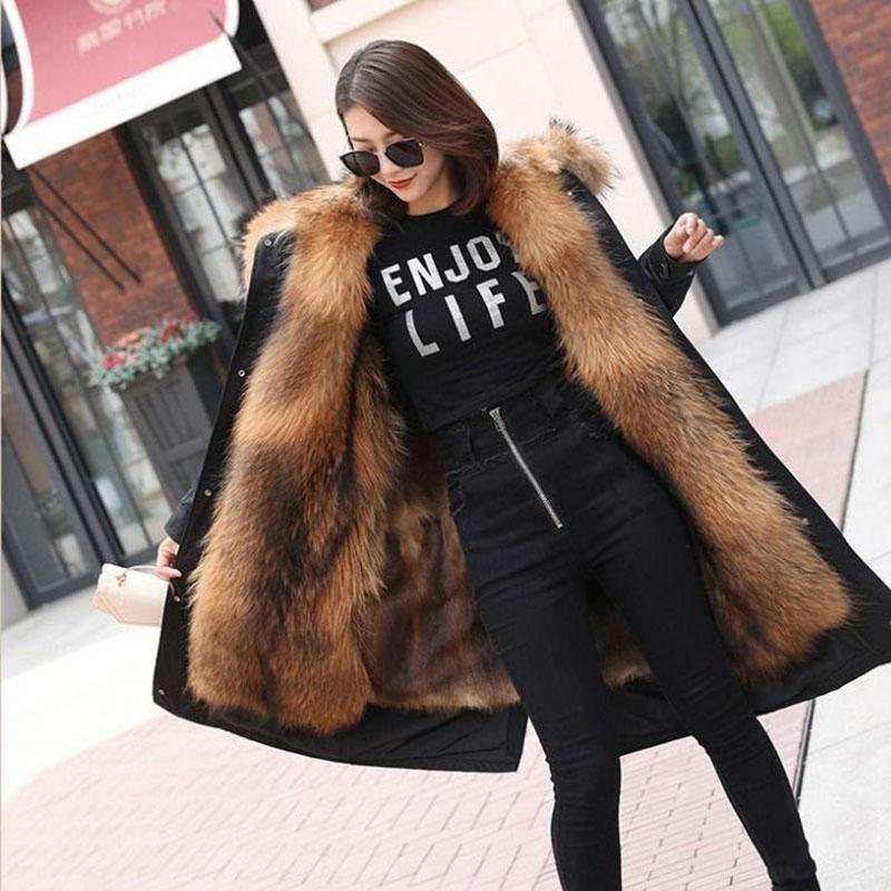 Womens Winter Parkas Mid-length Removeable Raccoon Fur Liner Thickened Imitation Fur Coat Women Fur Hooded Jacket Plus Size