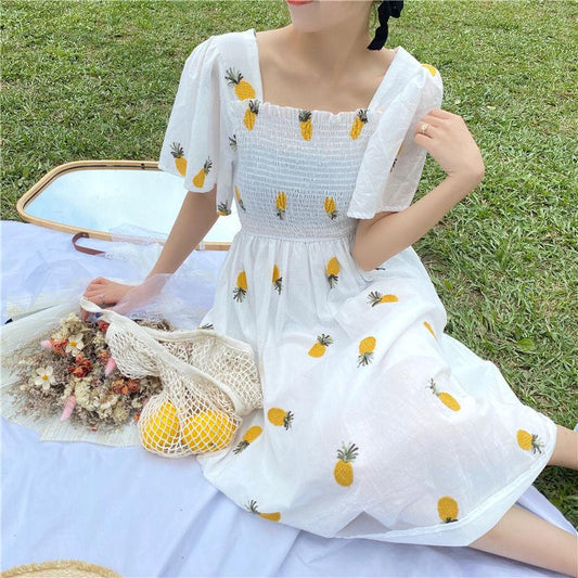 Summer Simple High Waist Mid Length Graceful Dress Pineapple Embroidery Elegant Lace Holiday Dress