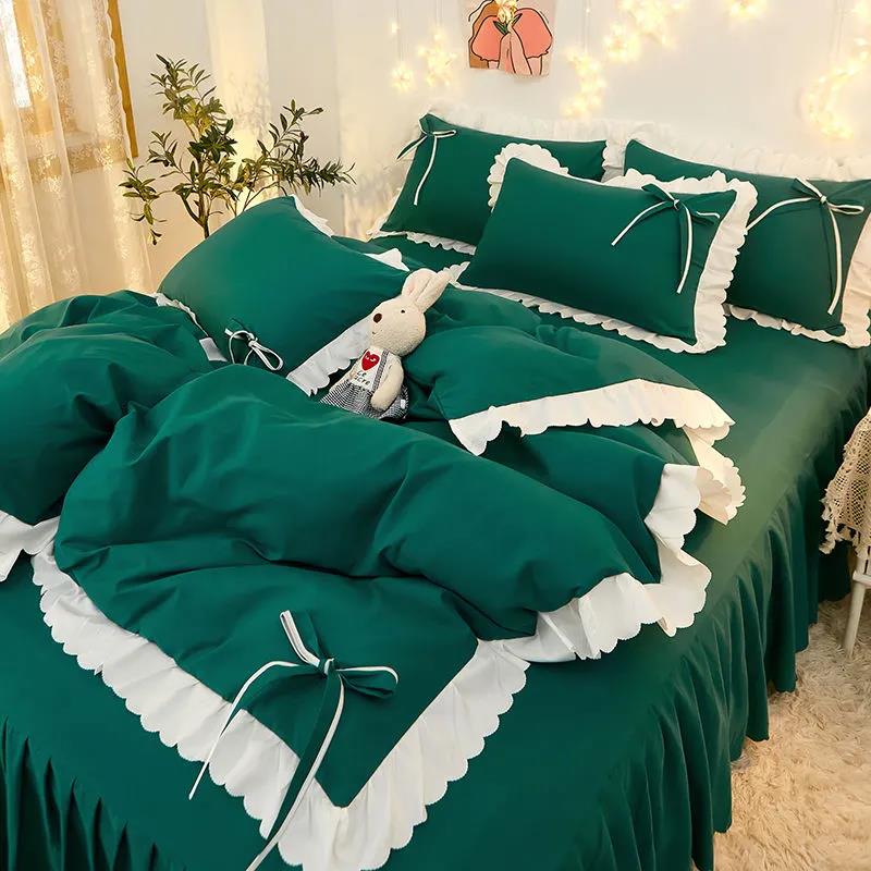 Korean Version of Solid Color Lace Bowknot Bed Skirt Four-piece Bedding Sanding Bed Linen Duvet Cover Double Bed