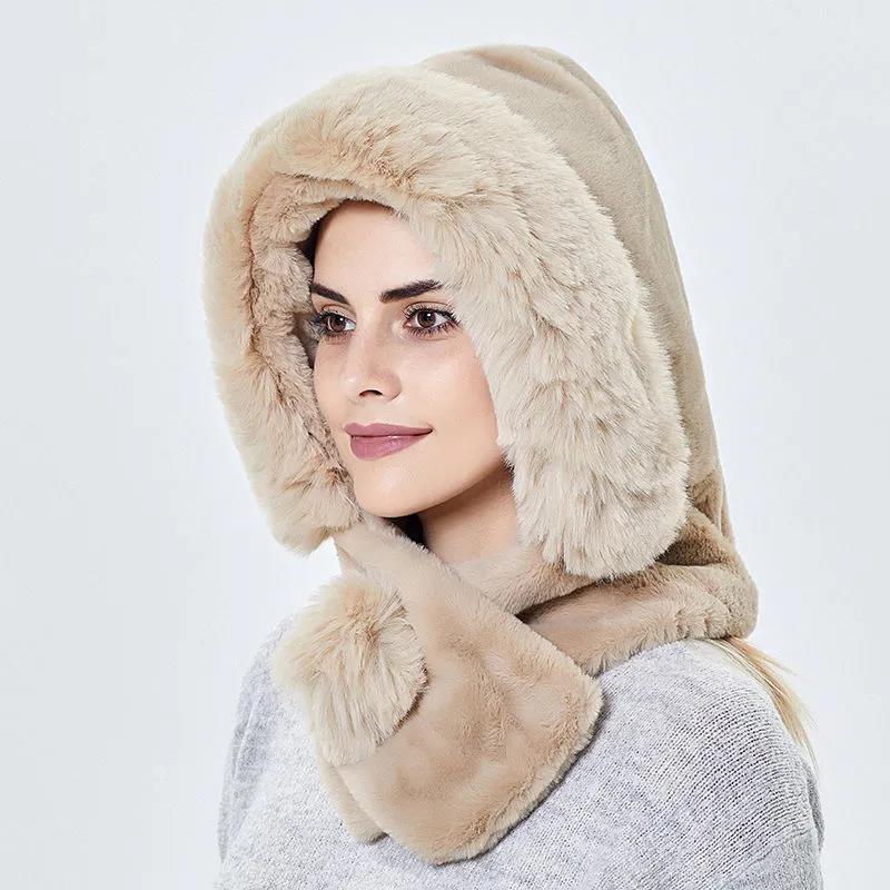 Winter Women's Hats Fashion Solid Color Plush Cap Neck Protection Cold and Warm One-piece Hood Scarf Integrated