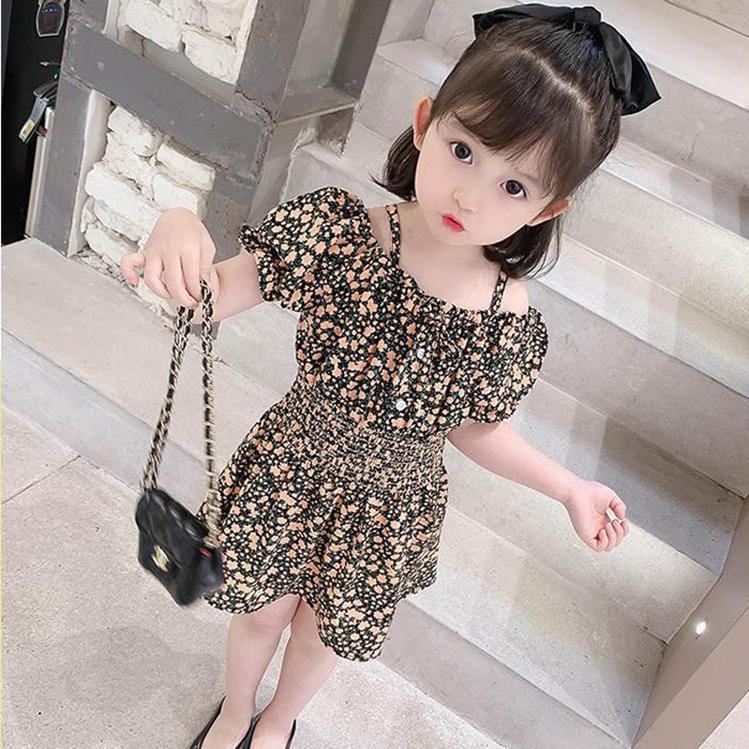 Children Dress Spring Summer Girls' Sling Dress Floral Skirt Short Sleeve Girdle Broken Flower Princess Skirt