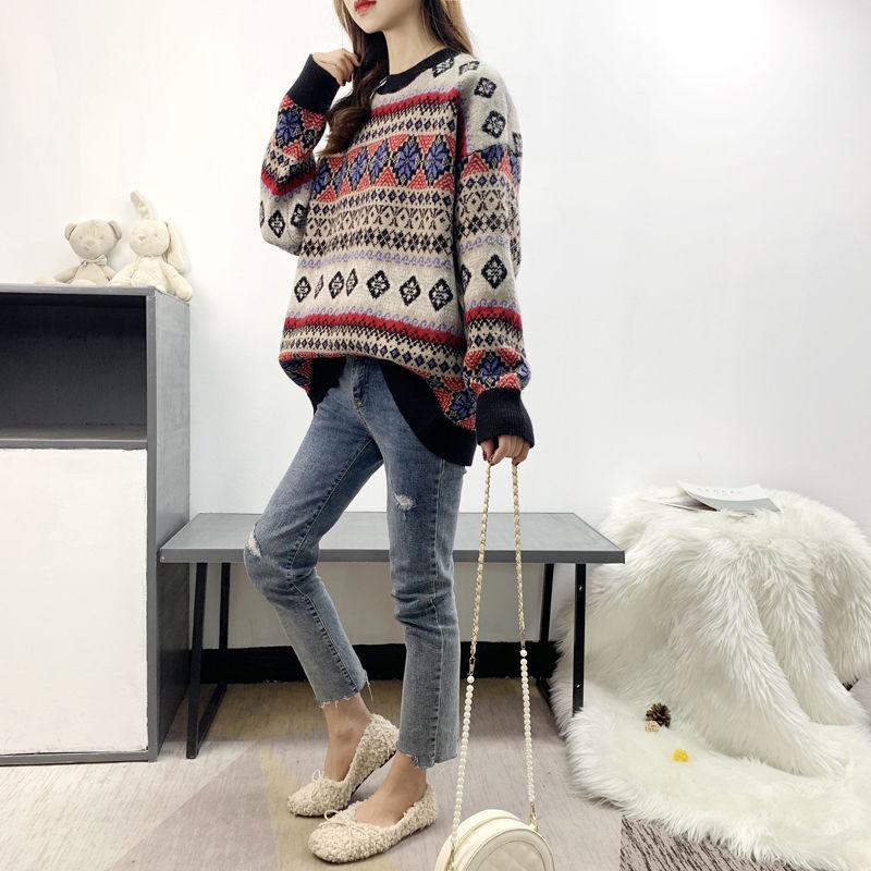 Autumn and Winter Retro Geometric Pattern Sweater Loose Casual Jacquard Top Pure Cute Girl Sweater