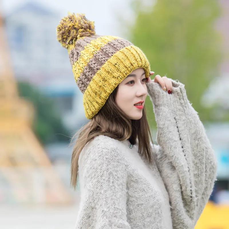 Winter Ladies Hat Korean Tie-dye Wool Ball Knitted Hat Women's Plus Velvet Thick Warm Woolen Yarn