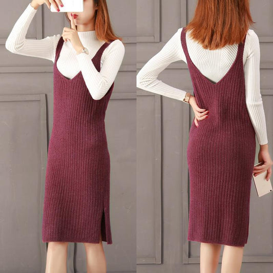 Autumn and Winter Knitted Bottoming Skirt Solid Color Mid-length Simple Suspender Skirt Fashion Slim Female Sweater Dress