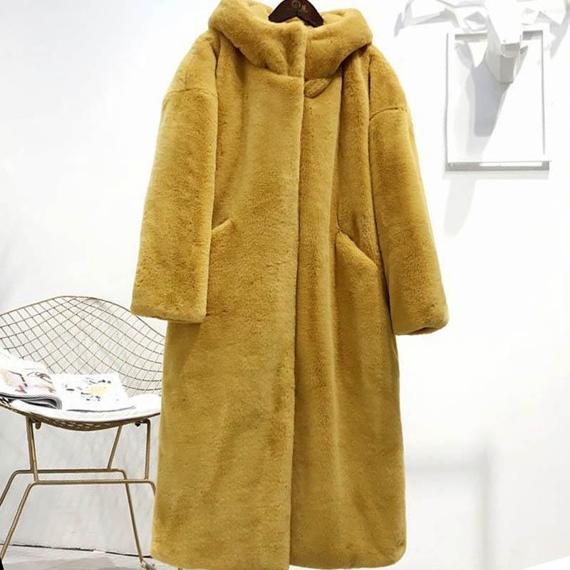 WTEMPO Faux Fur Furry Over-the-knee Jacket Winter Large Size Long Hooded Loose Thick Warm Coat Pie Overcome Women's Clothing