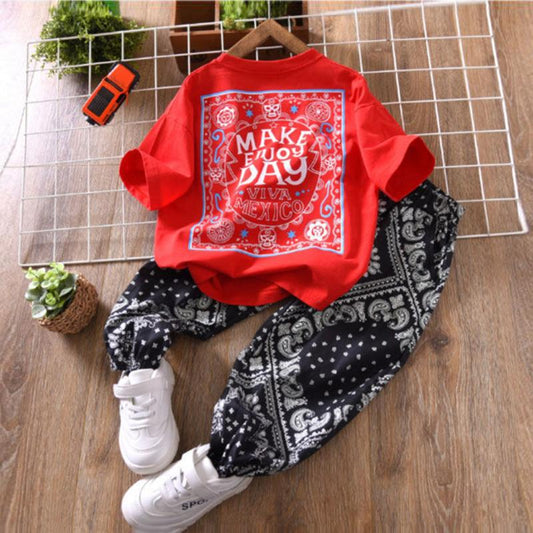 Two Pieces Sets Boys' Summer Suits Children's Summer Thin Printing Cashew Flowers Short-sleeved T-shirts Long Nine-point Pants Loose