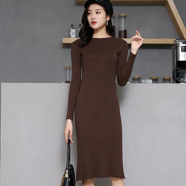 All-match Feminine Dress Fashion Temperament Slim Slimming Long-sleeved Knitting Mid-length Bag Hip Skirt