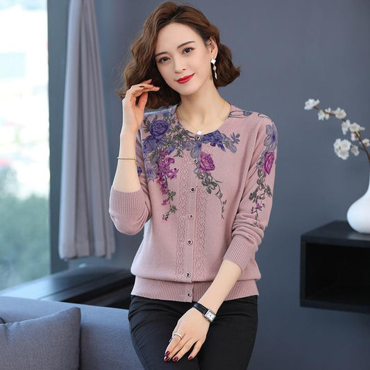 Autumn and Winter Printed Cardigan Women's Plus Size Casual Sweater Coat High-end Wool Sweater