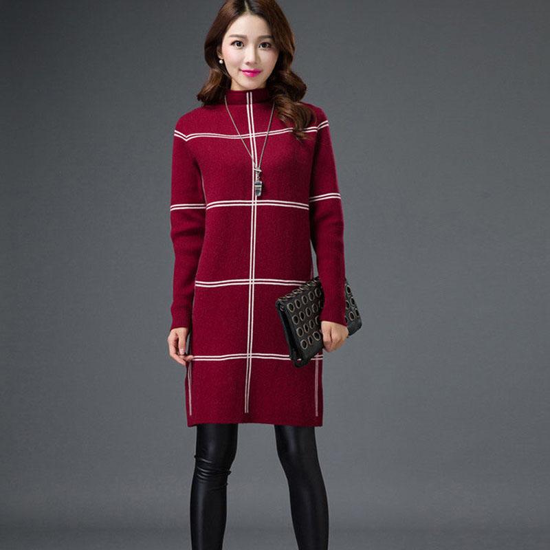 Autumn Winter Plaid Turtleneck Sweater Women Long Thick Pullover Sweater Dress All-match Bottoming Shirt Jumper Top