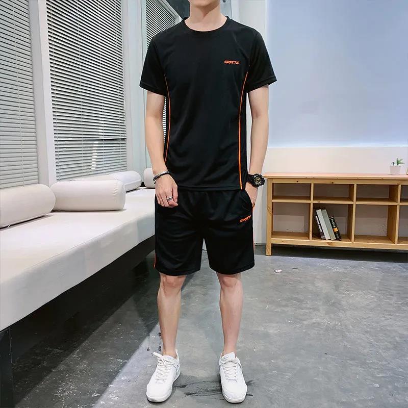 Ice Silk Suit Men's Summer Loose Large Size Casual Sports Suit Men's Short-sleeved T-shirt Five-point Pants Suit Men's