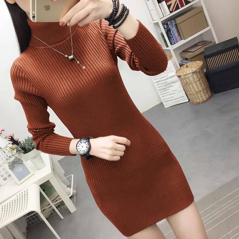 Autumn Winter Women Knitted Dress Turtleneck Sweater Dresses Lady Slim Bodycon Long Sleeve Bottoming