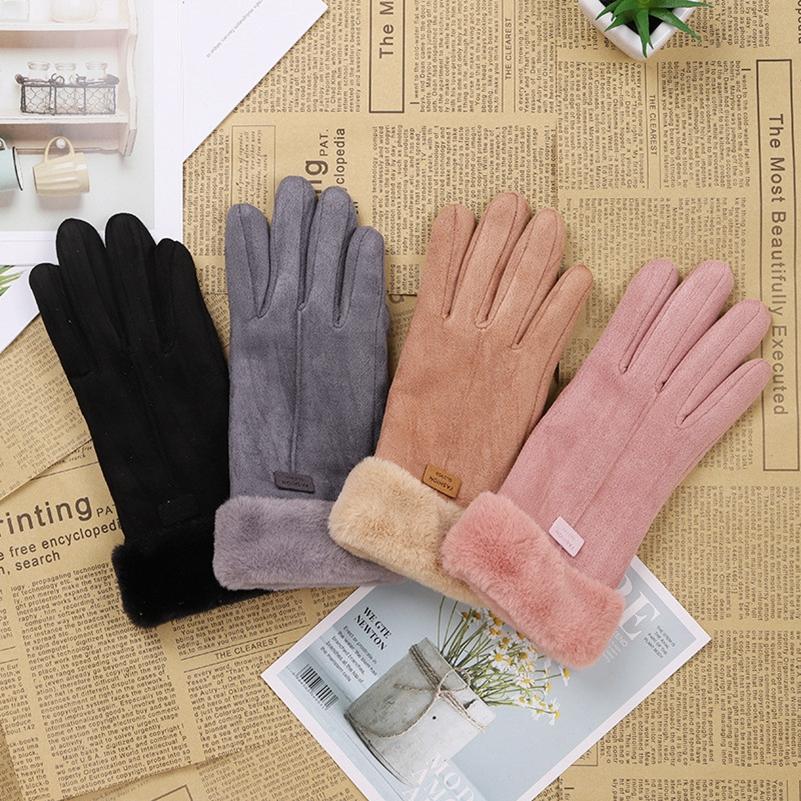 Women's Suede Gloves Winter Double Furry Gloves Warm Snowflake Embroidery Outdoor Fashion Gloves