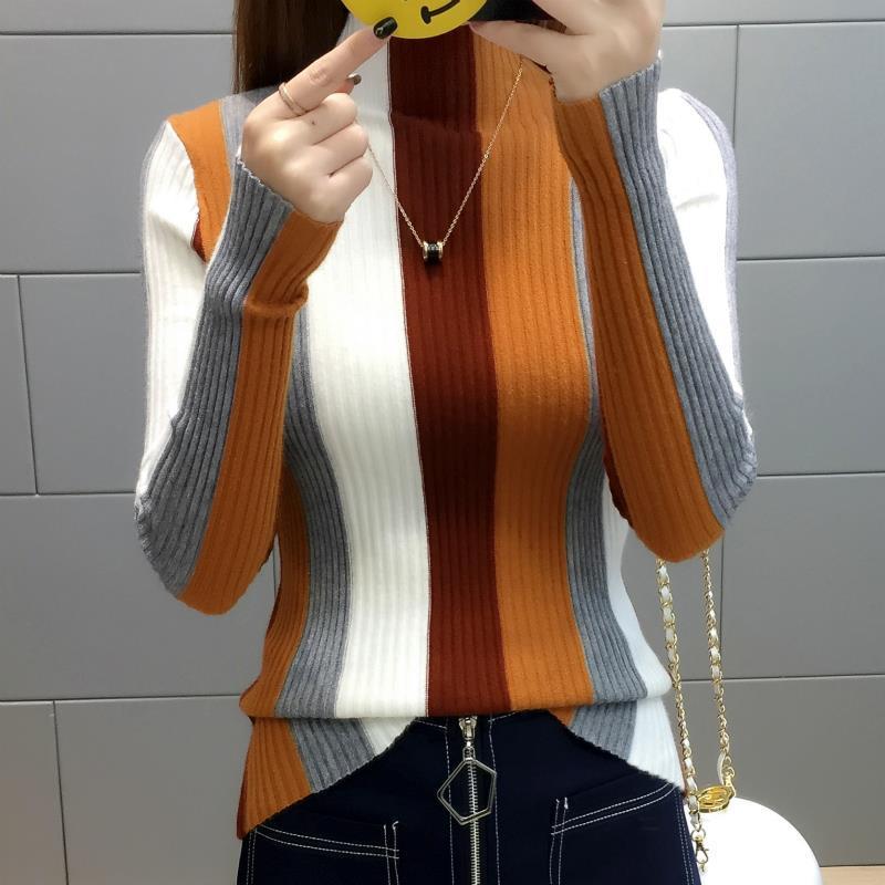 Long-sleeved Sweater Wild Striped Sweater Autumn and Winter Turtleneck Sweater Short Paragraph