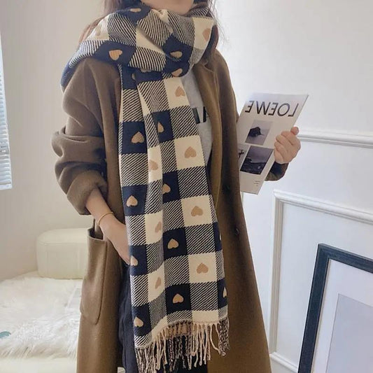 Autumn and Winter Plaid Scarf Korean Wild Couple Scarf Tassel Printing Thickened Bib Shawl