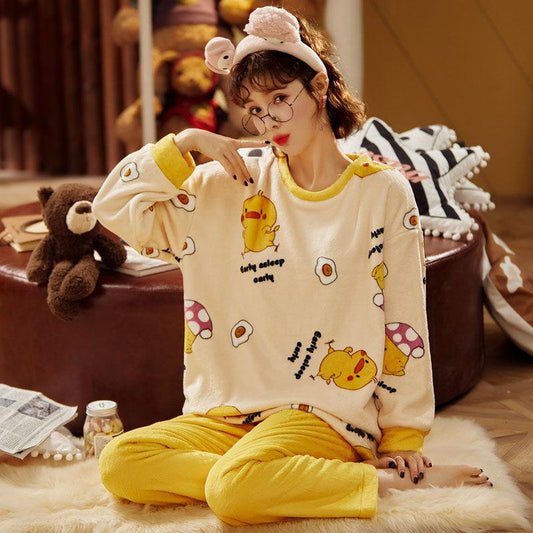 Women's Long-sleeved Warm Suit Ladies Large Size Cute Cartoon Thick Coral Fleece Pajamas Autumn and Winter Flannel Pajamas