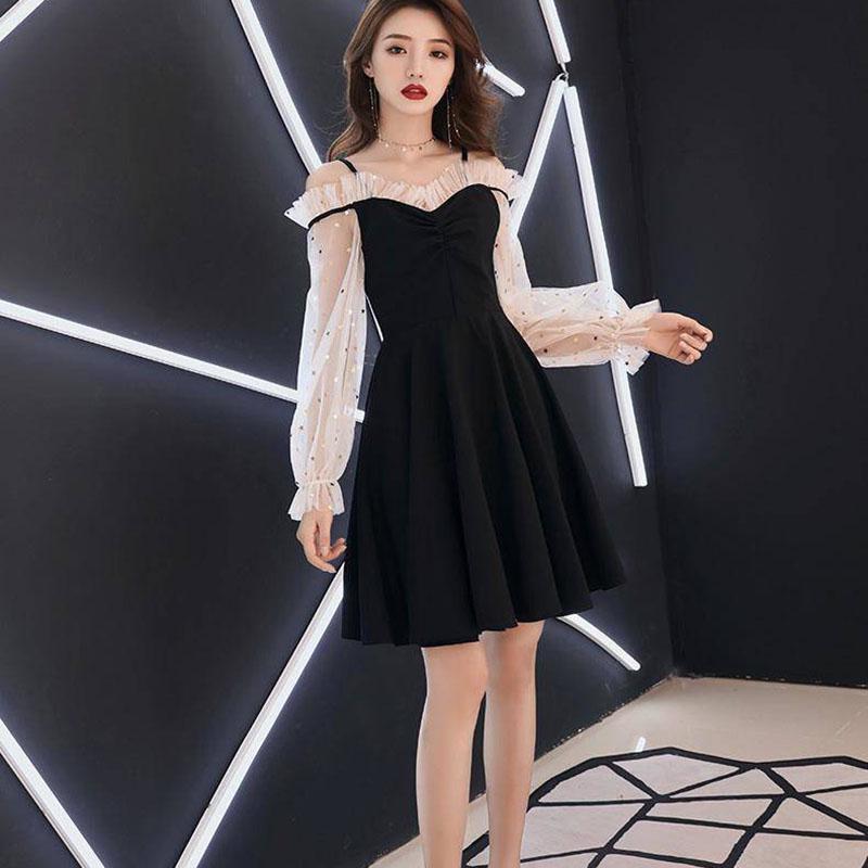 Mesh Puff Sleeve Spaghetti Strap Dress Short Sexy Banquet Party Blackless Dress Summer