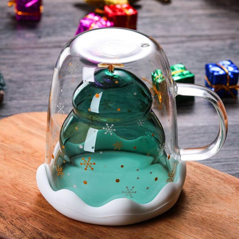 250ML Christmas Mug Creative Glass Mug Christmas Tree Star Cup High Temperature Resistant Mug Double Layer Water Cups Xmas Gifts