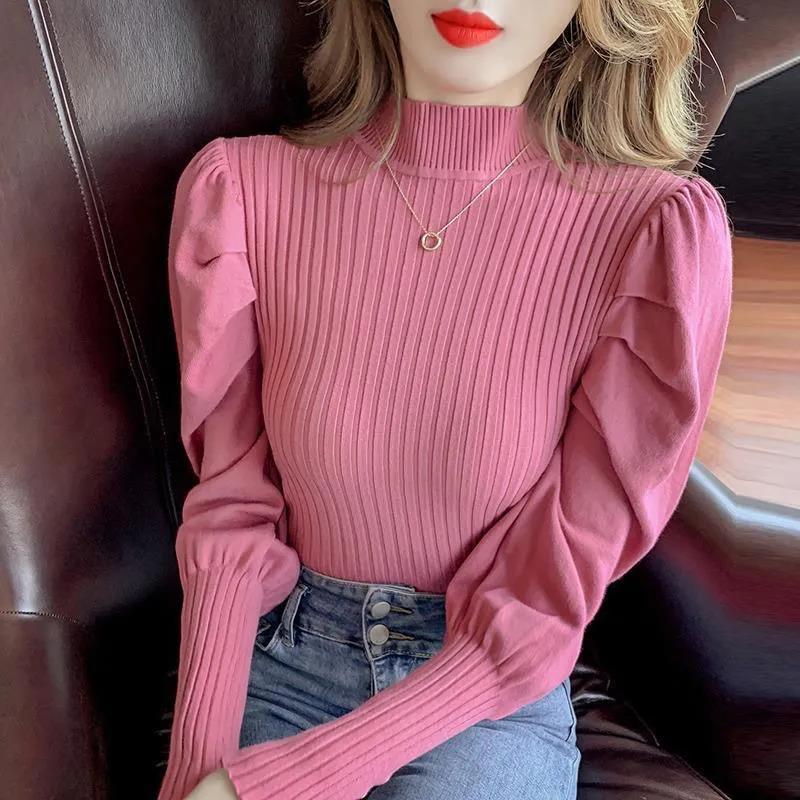 Autumn and Winter Fashion Semi-high Collar Bubble Lantern Sleeve Knitted Bottoming Shirt Feminine Temperament Sweater Top