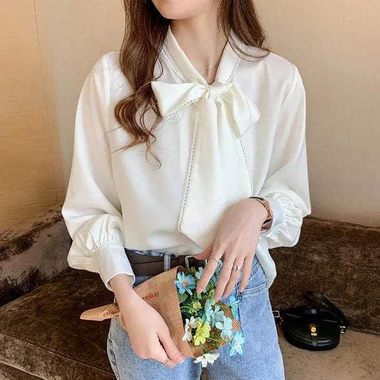 Women Spring Summer Blouse Long Sleeve Womens Tops and Blouses Vintage Women Shirts Slim Solid Color Office Lady Bow Tops